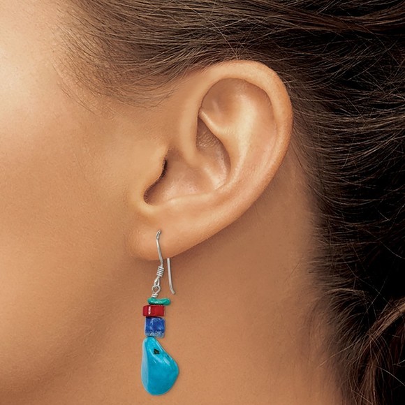 925 Sterling Silver Red Coral, Howlite, Lapis, Turquoise Dangle Drop Earrings - Picture 3 of 4